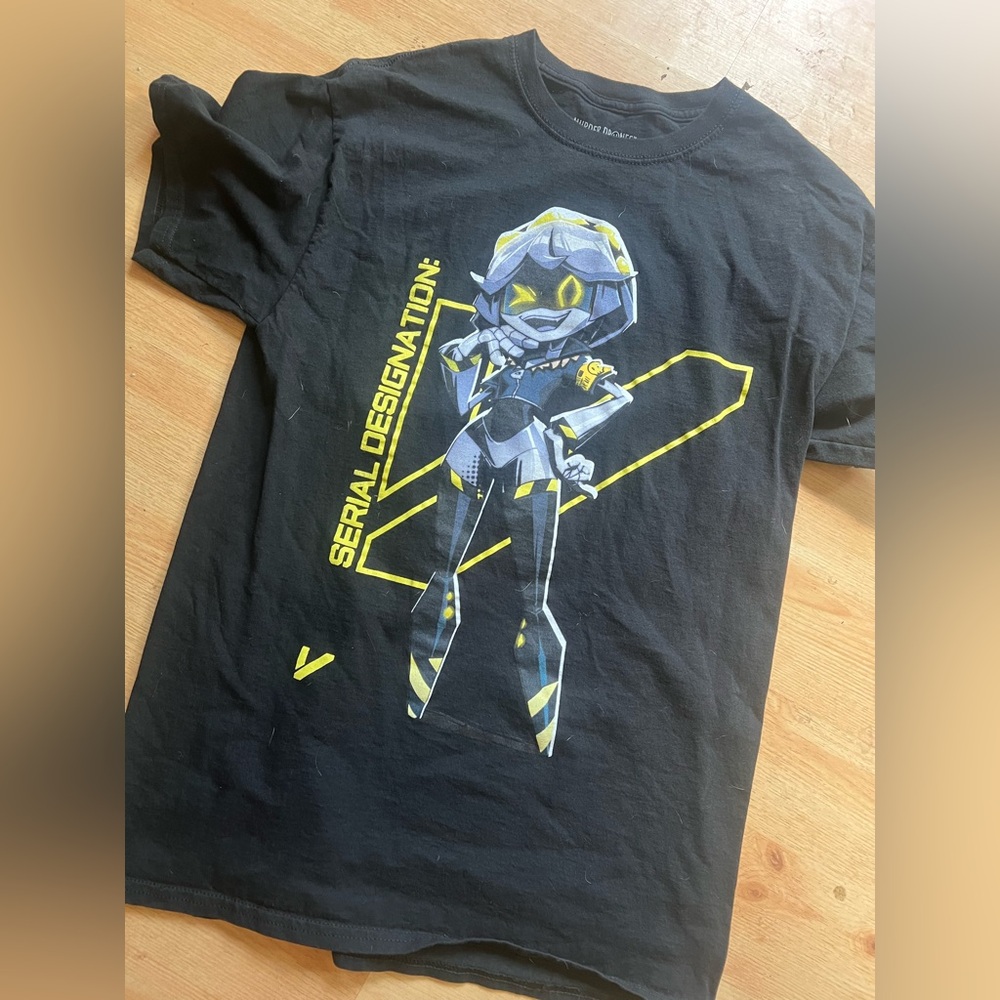 Murder drones Black Short Sleeve Tee with Yellow Graphic Design